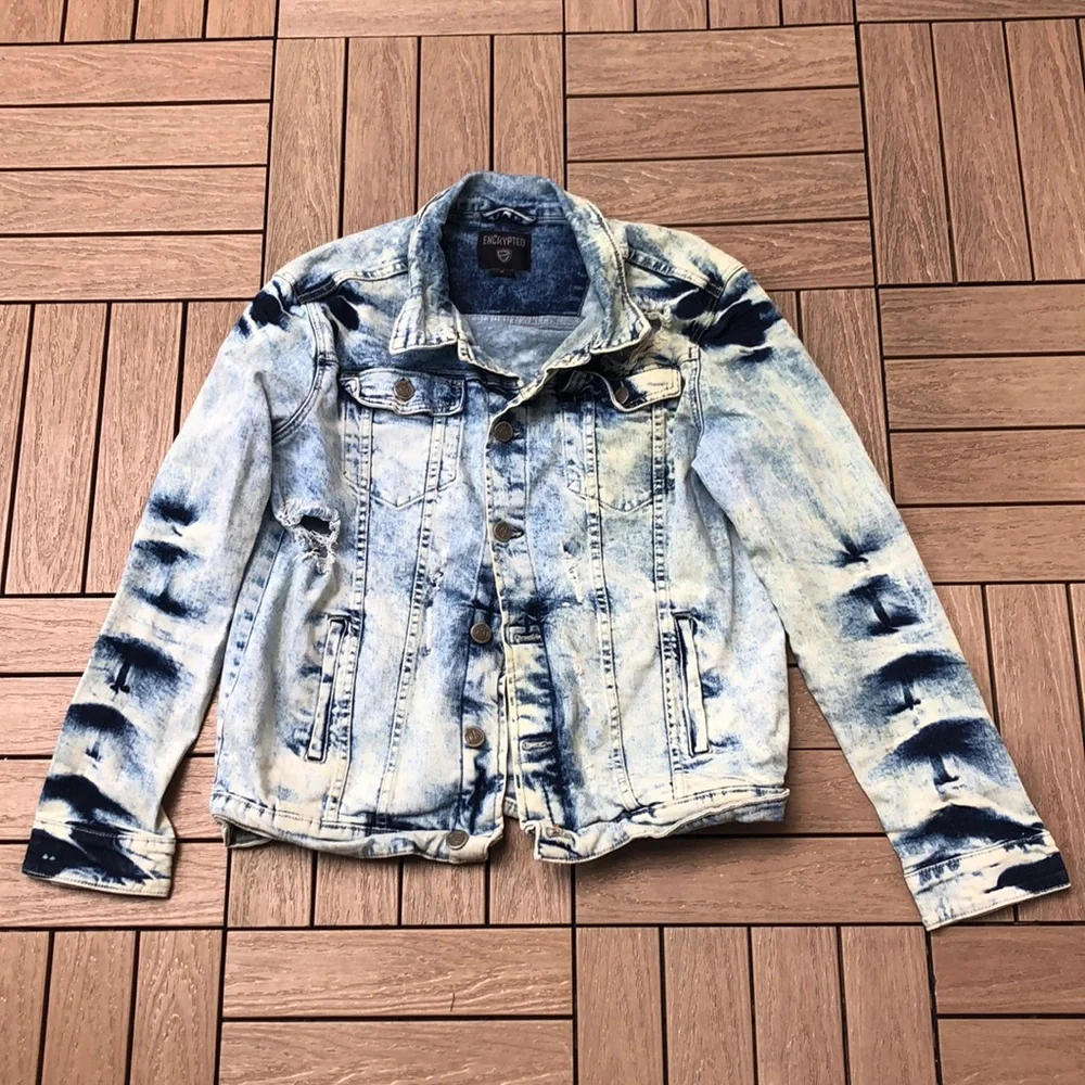 Encrypted comic book pop art  appliqué back distressed acid wash denim jacket